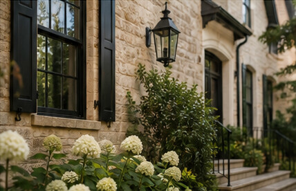 The exterior of a Colorado residence framed by hydrangeas
