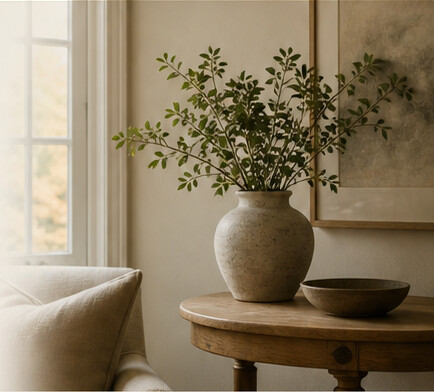 A ceramic vase with leafy branches in a warm residential interior