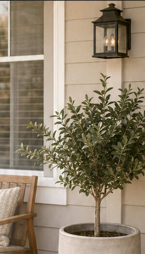 A quiet residential porch with a potted tree